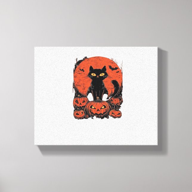 Black Cat and Pumpkins - Halloween T-Shirt Art Cla Canvastryck (Framsida)