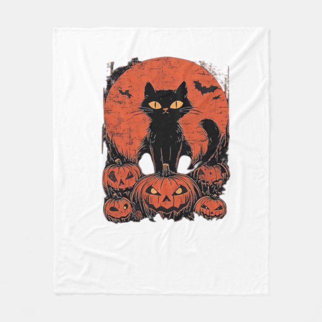 Black Cat and Pumpkins - Halloween T-Shirt Art Cla Fleecefilt (Framsidan)