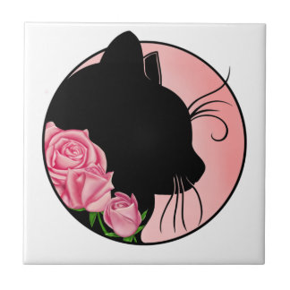 Black cat and roses kakelplatta