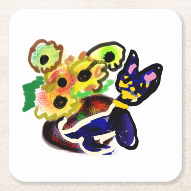 Black Cat and Sunflowers  Underlägg Papper Kvadrat (Framsidan)