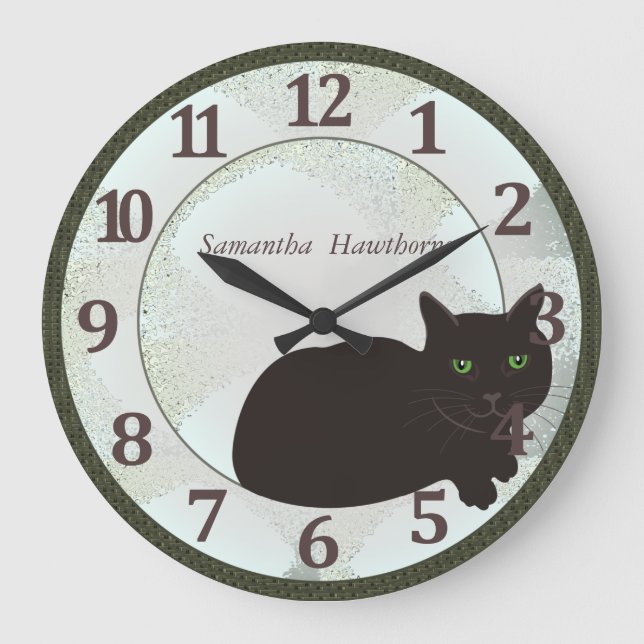 Black Cat-Anpassningsbar Stor Round Wall Clock Klocka (Framsida)