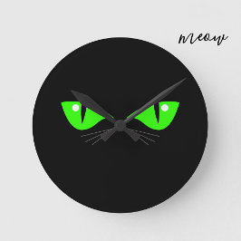 Black Cat Ansikte Grönt Ögon Whiskers Cute Lover Rund Klocka