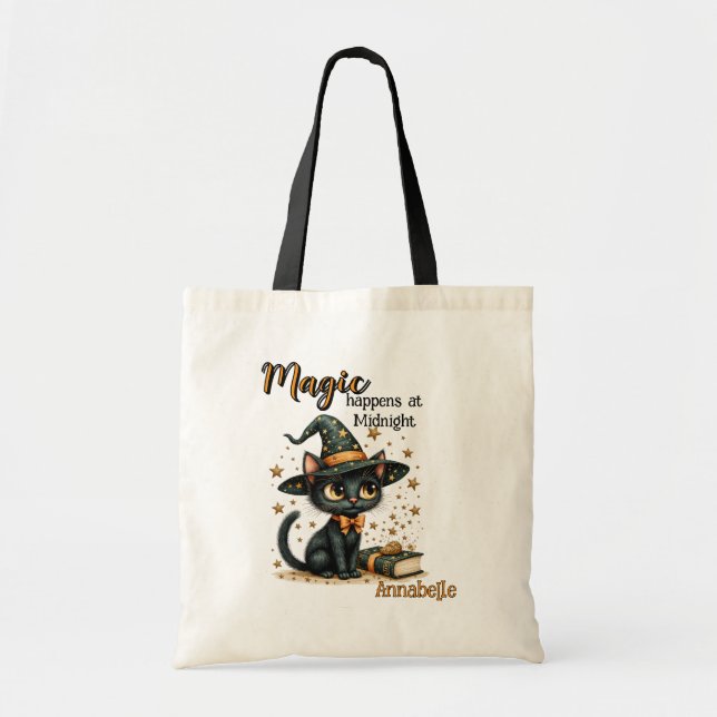 Black Cat Art Bag, Cute Halloween Tygkasse (Framsidan)