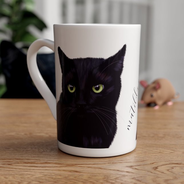 Black Cat Art Personlig Pet Namn Bone China Mugg Benporslin Mugg (A black cat slim bone china coffee mug with space for your name (or your black cat's))