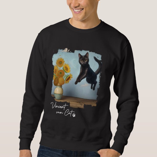 Black Cat Art Sunblommor, Vincent van Cat, Funny C Lång Ärmad Tröja (Framsida)