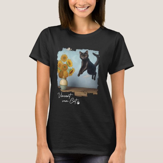 Black Cat Art Sunblommor, Vincent van Cat, Funny C T Shirt (Framsida)