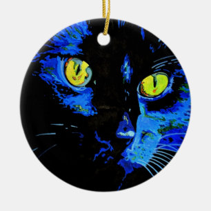 Black Cat Artistic Porträtt med slående Gult E Julgransprydnad Keramik