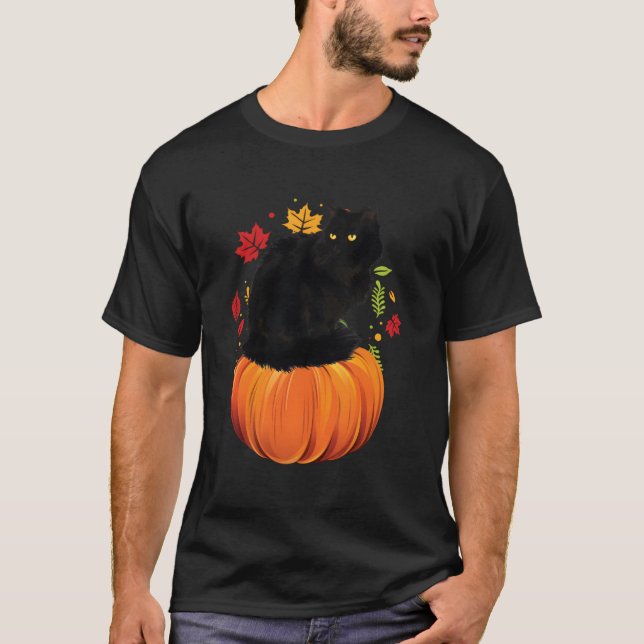 Black Cat Autumn Fall Season Pumpkin Thanksgiving  T Shirt (Framsida)