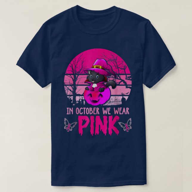 Black Cat Bära Witch Hat and Pumpkin Rosa Breast C T Shirt (Design framsida)
