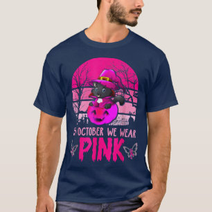 Black Cat Bära Witch Hat and Pumpkin Rosa Breast C T Shirt