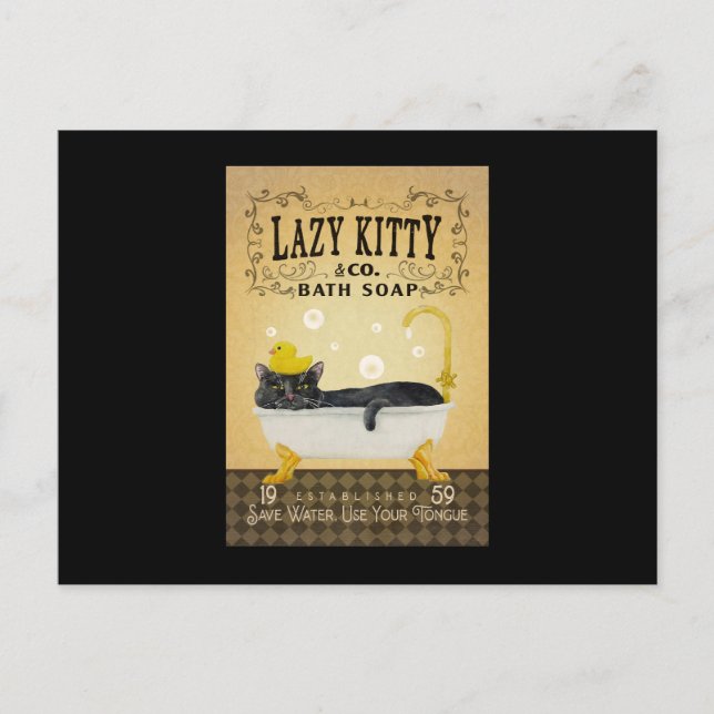 Black Cat Bath Soap Lazy Kattunge Funny Black Cat Vykort (Framsida)