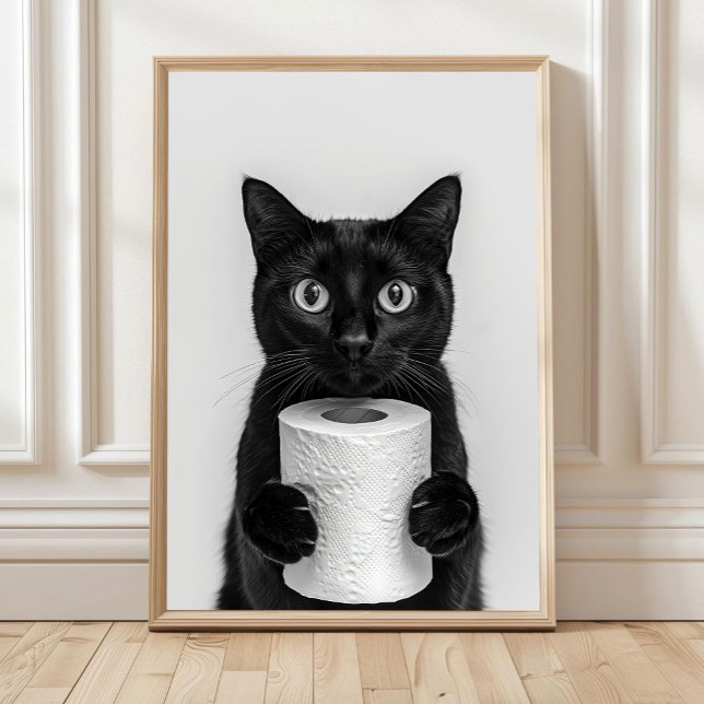 Black Cat Bathroom Print, Cat Holding Toilet Roll, Poster (Skapare uppladdad)