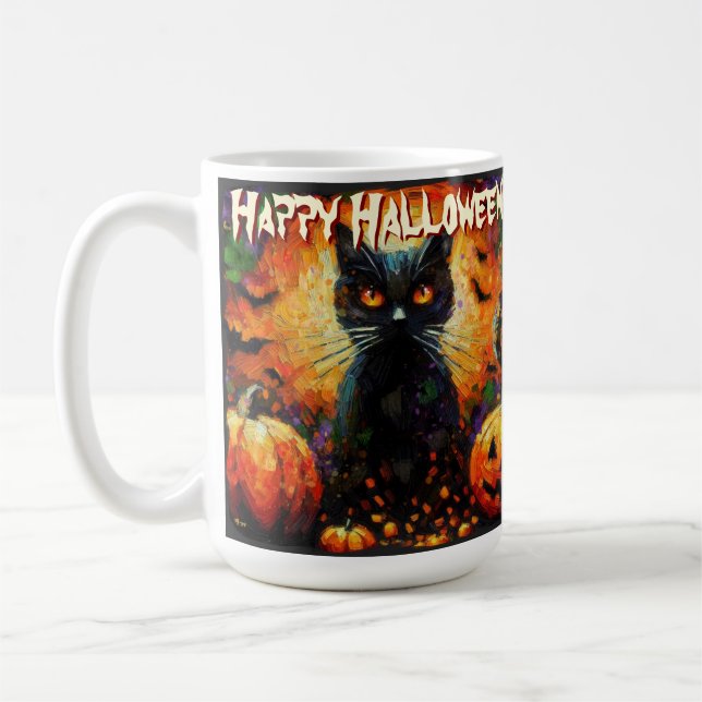 Black Cat Bats Pumpkins Whimsical Personalized Kaffemugg (Vänster)