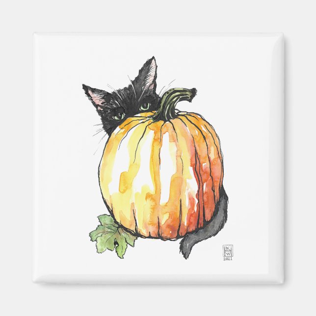 Black Cat Behind Pumpkin Magnet (Framsidan)
