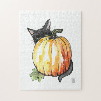 Black Cat Behind Pumpkin Puzzle Pussel