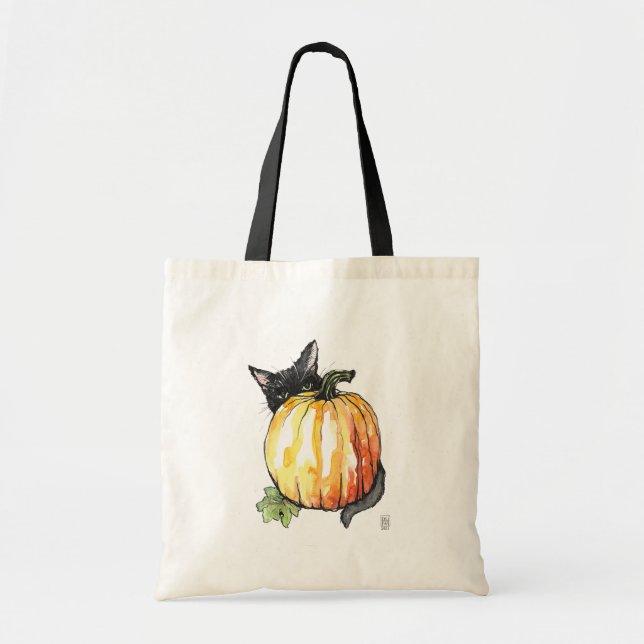 Black Cat Behind Pumpkin Tote Bag Tygkasse (Framsidan)