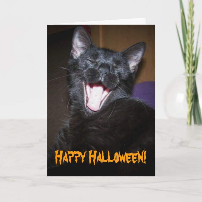 Black Cat Big Yawn Happy halloween Hälsning Kort (Framsida)