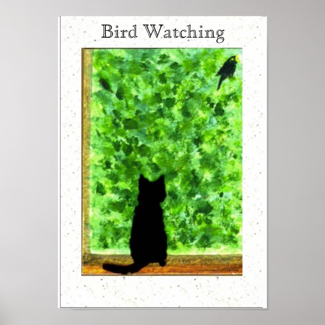 Black Cat Bird Wating Roligt Animal Art Poster (Framsidan)