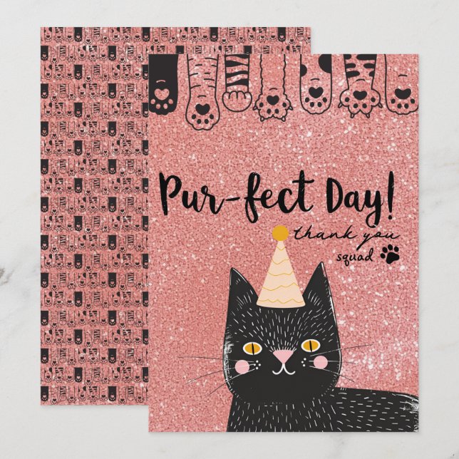 Black Cat Birthday Hat Rosa Glitter Purfeect Day Tack Kort (Fram/baksida)