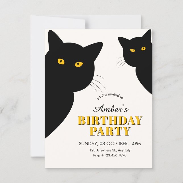 Black cat birthday inbjudningar (Framsida)