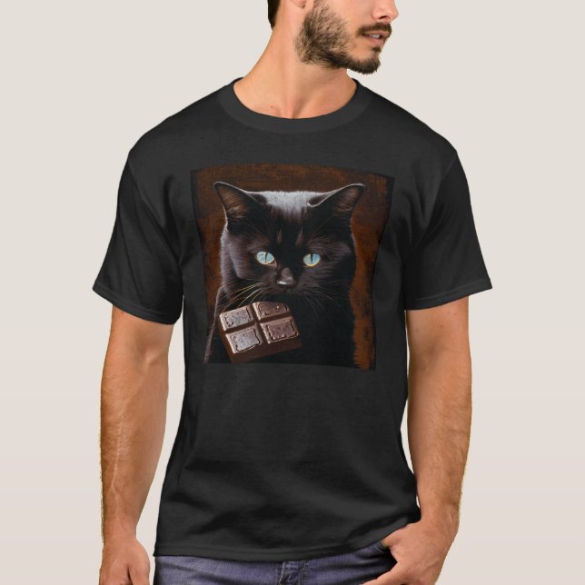Black Cat Biting Chocolate T Shirt (Framsida)