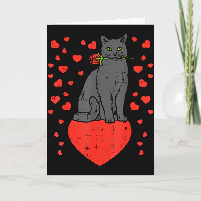 Black Cat Biting Rose Hearts Valentines Day Animal Kort (Framsida)