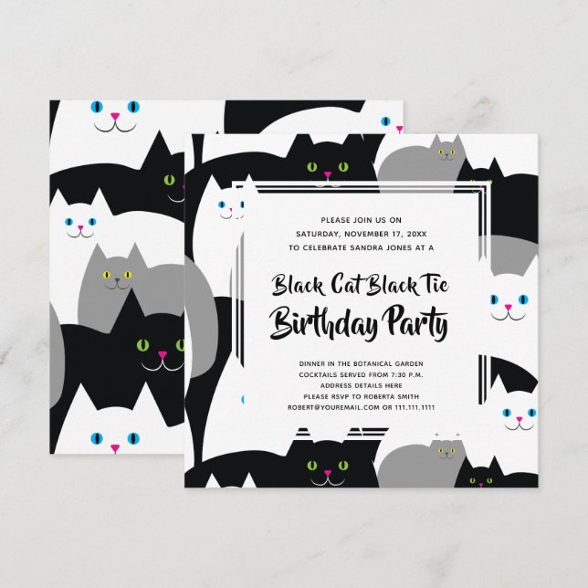 Black Cat Black Tie Funny Födelsedagsfest Inbjudan (Fram/baksida)