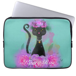Black Cat-blomman krona sitta i rosa ros Laptop Fodral