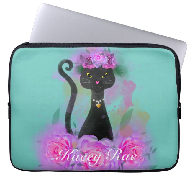 Black Cat-blomman krona sitta i rosa ros Laptop Fodral (Framsidan)