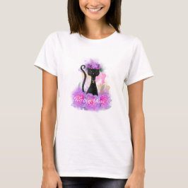 Black Cat-blomman krona sitta i rosa ros T Shirt