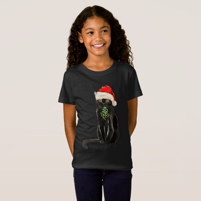 Black Cat Bombay Breed Santa Hat T-Shirt (Hel framsida)