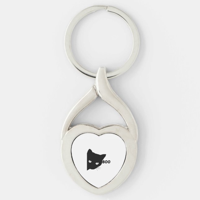 Black cat boo Halloween-presentkatter Twisted Heart Silverfärgad Nyckelring (Framsidan)