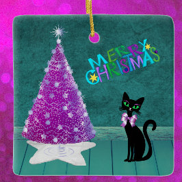  Black Cat Bow by Pink Tree Teal Merry Christmas Julgransprydnad Keramik