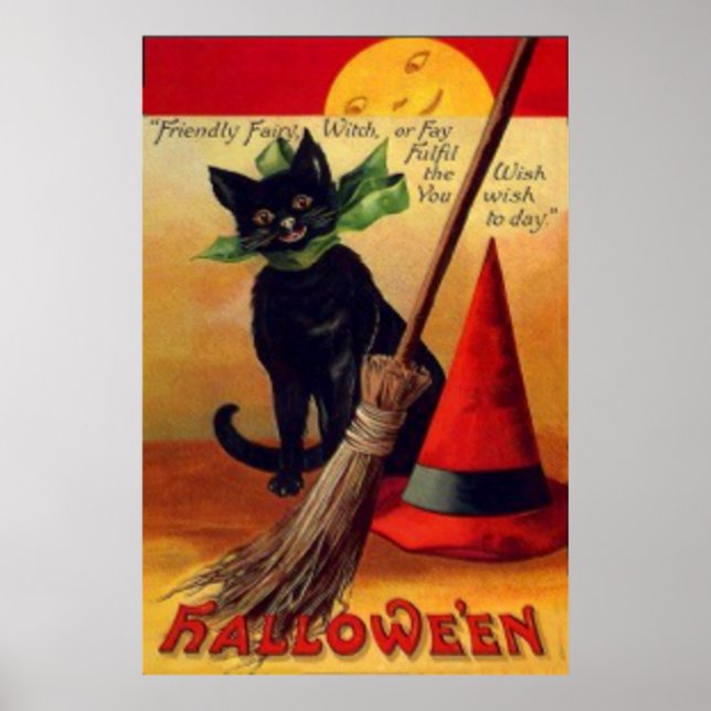 Black Cat Broom Witch Hat Full Moon Poster (Framsidan)