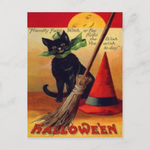 Black Cat Broom Witch Hat Full Moon Vykort