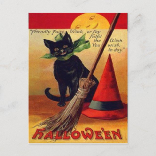 Black Cat Broom Witch Hat Full Moon Vykort (Framsida)