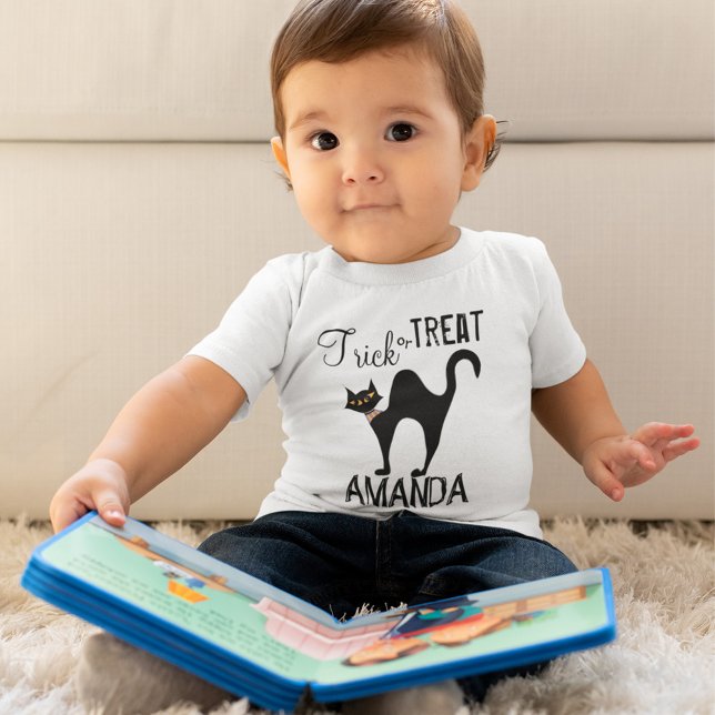 Black Cat Bus eller godis Halloween T Shirt (Trick or Treat black cat custom baby T Shirt. )