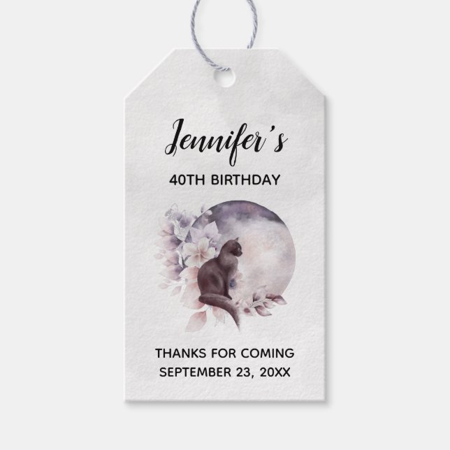 Black Cat by a Magic Full Moon Birthday Presentetikett (Framsidan)