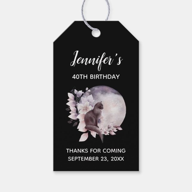 Black Cat by a Magic Full Moon Birthday Presentetikett (Framsidan)