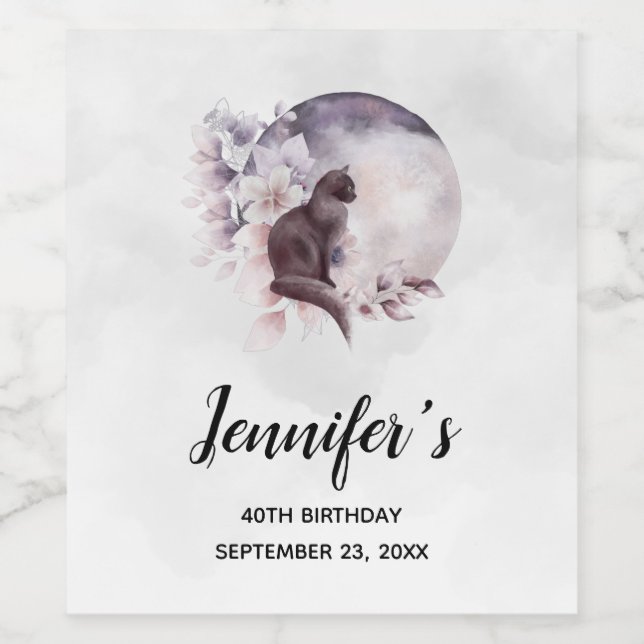 Black Cat by a Magic Full Moon Birthday Vinflaska Etikett (Singel etikett)