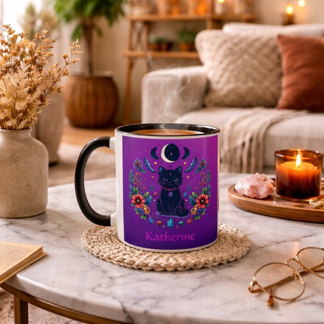 Black Cat Celestial Mystical Purple Pink Mugg (Skapare uppladdad)