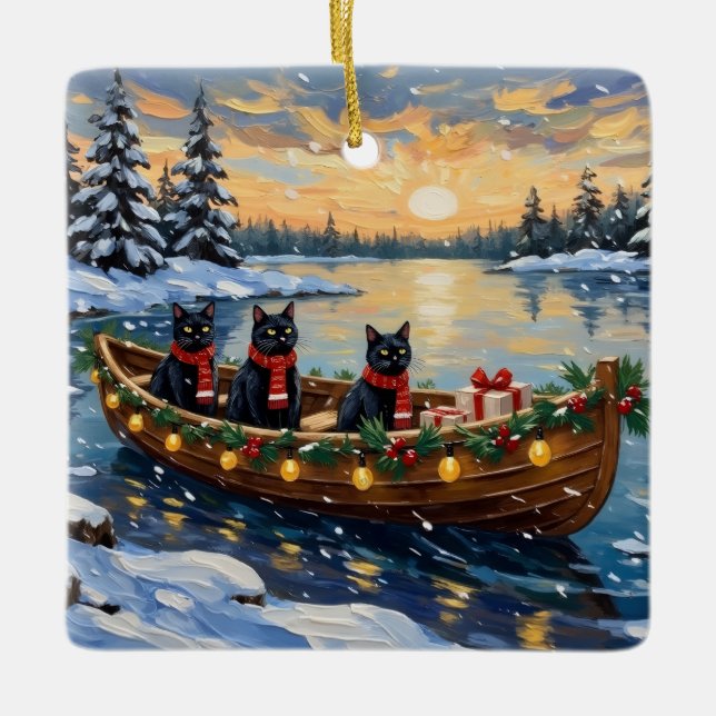 Black Cat Christmas Boat Holiday Julgransprydnad Keramik (Framsida)