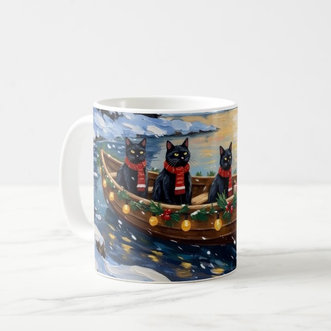 Black Cat Christmas Boat Holiday Kaffemugg (Framsida vänster)
