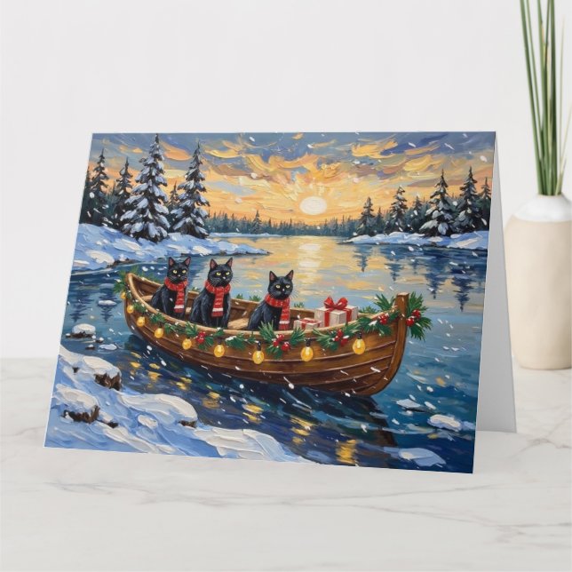 Black Cat Christmas Boat Holiday Kort (Framsida)