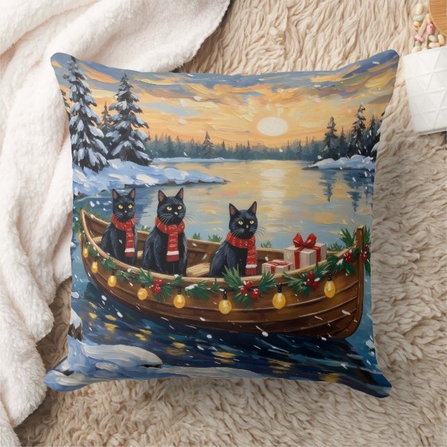 Black Cat Christmas Boat Holiday Kudde (Filt)