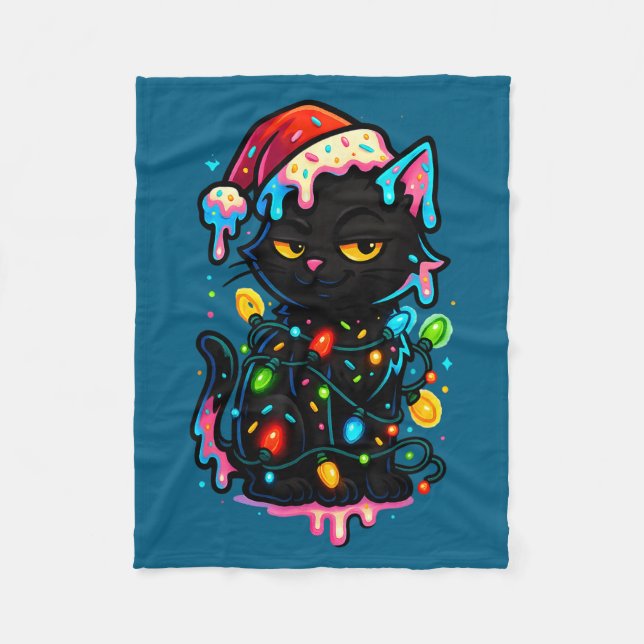 Black Cat Christmas Ice Cream Drip Santa Hat Cute  Fleecefilt (Framsidan)
