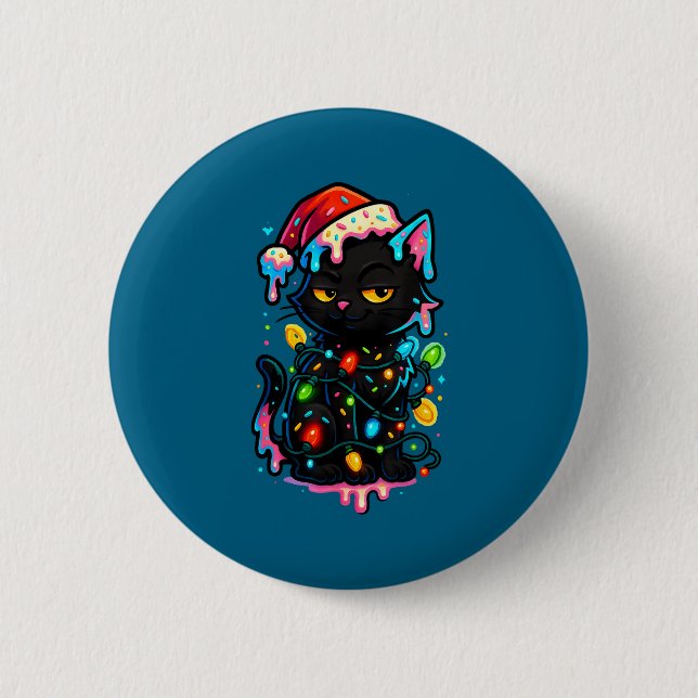 Black Cat Christmas Ice Cream Drip Santa Hat Cute  Knapp (Framsida)