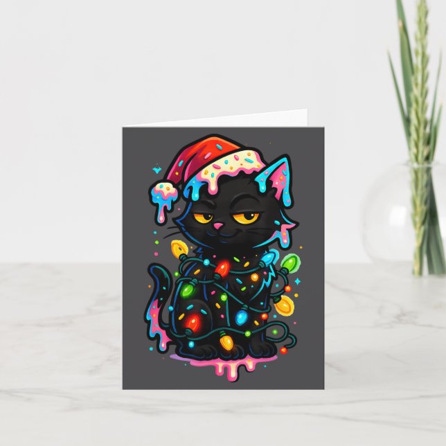 Black Cat Christmas Ice Cream Drip Santa Hat Cute  Kort (Framsida)