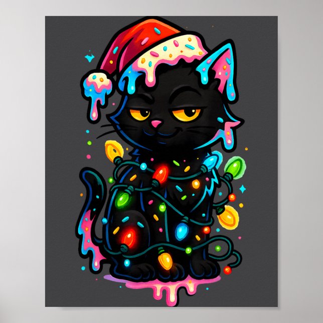 Black Cat Christmas Ice Cream Drip Santa Hat Cute  Poster (Framsidan)