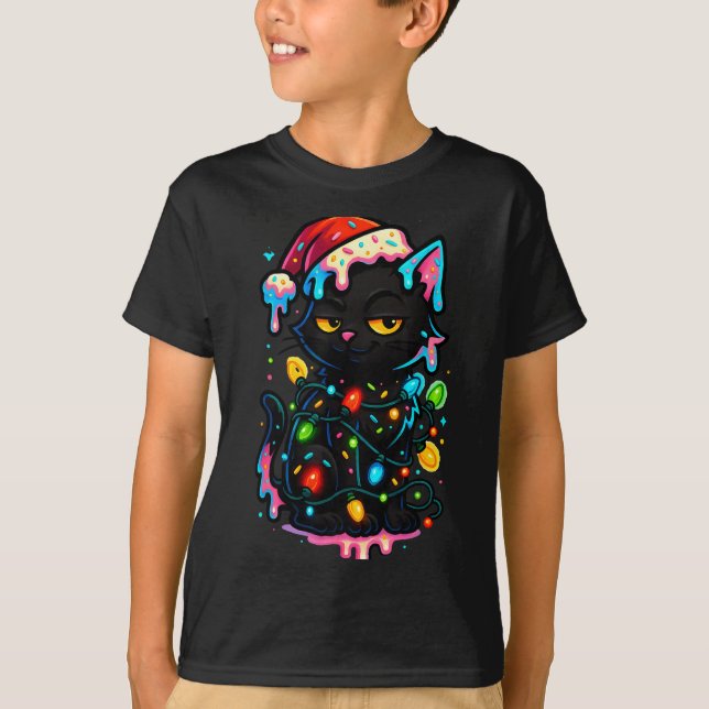 Black Cat Christmas Ice Cream Drip Santa Hat Cute  T Shirt (Framsida)